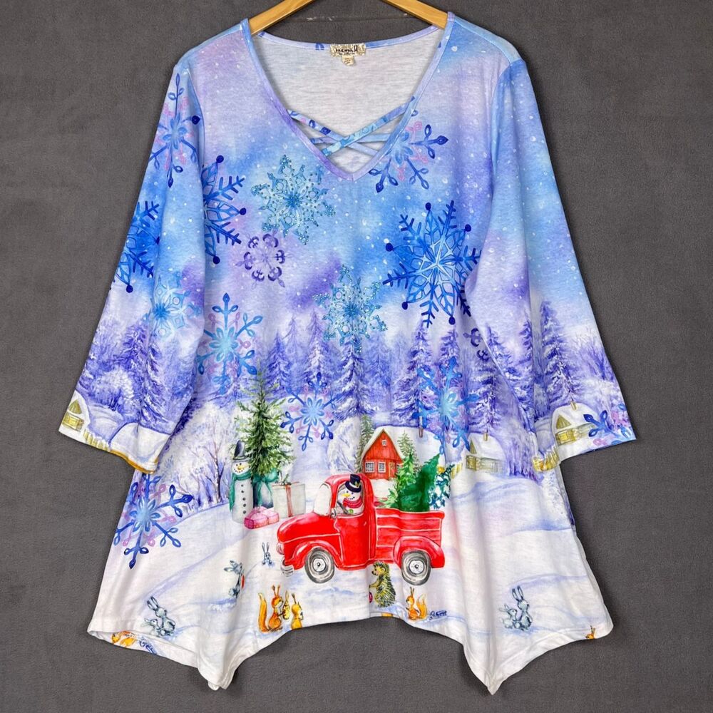 One World Womens 2X Light Blue Christmas Snowman Red Truck Tunic Top OWE2060954S